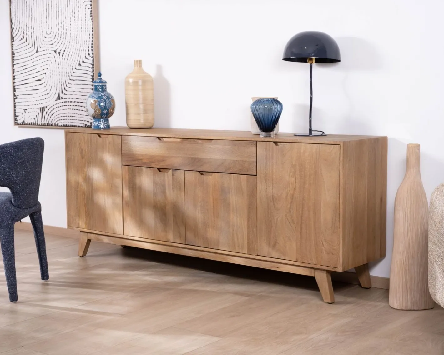 New Enfilade 4 portes 200 cm en manguier teinte noyer clair "Elyka" style scandinave Buffet Et Bahut