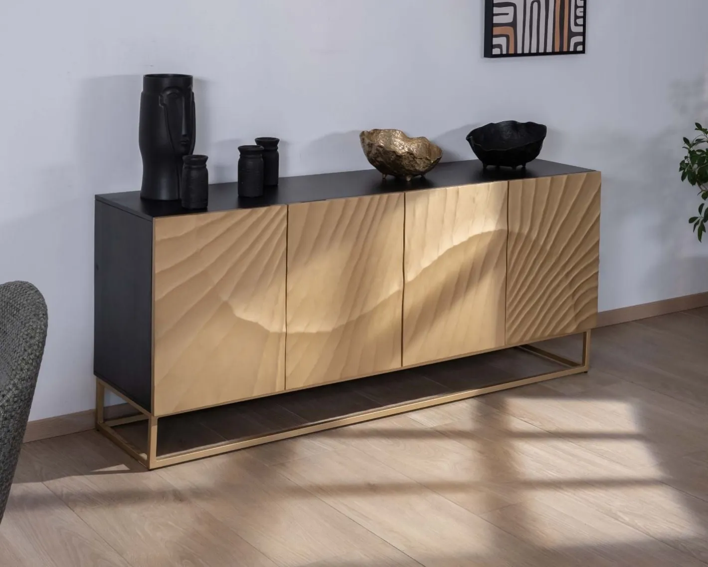 Clearance Enfilade 4 portes dorée et noire "Pop Vintage" métal et bois massif Buffet Et Bahut
