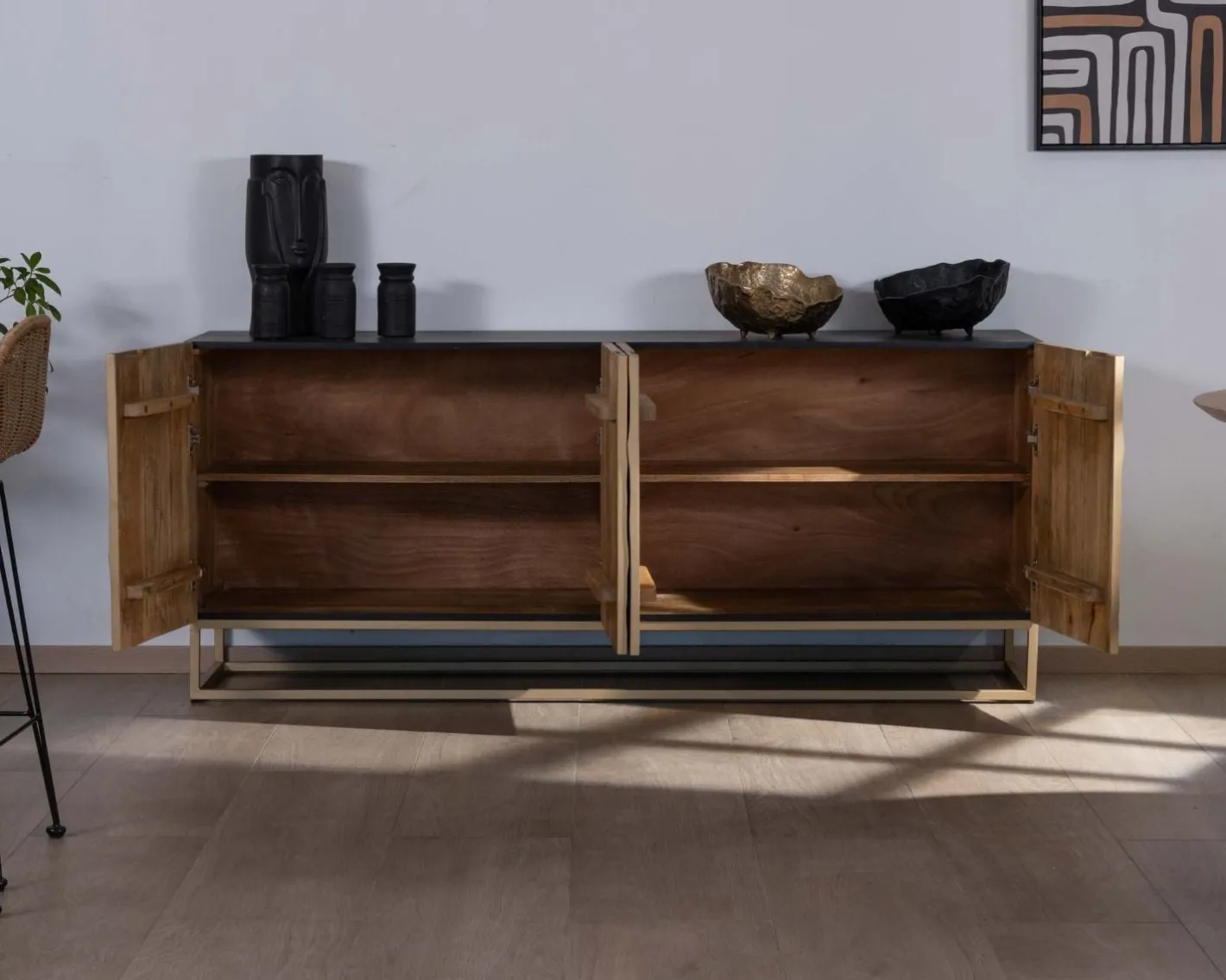 Clearance Enfilade 4 portes dorée et noire "Pop Vintage" métal et bois massif Buffet Et Bahut