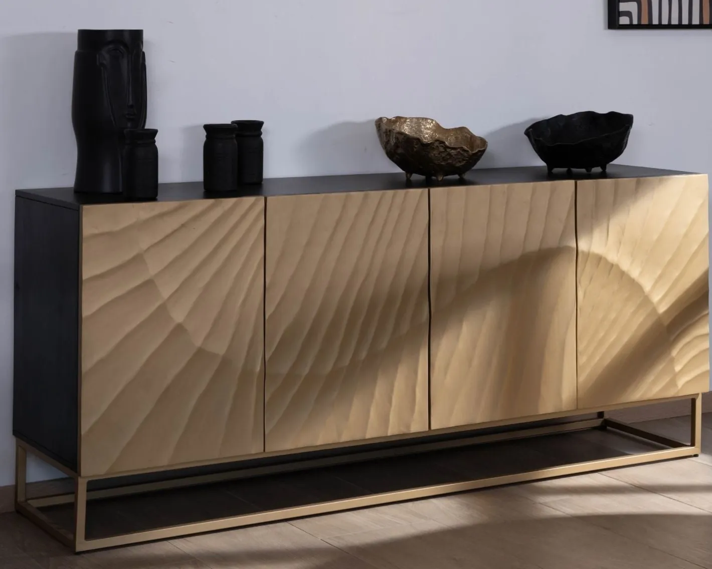 Clearance Enfilade 4 portes dorée et noire "Pop Vintage" métal et bois massif Buffet Et Bahut