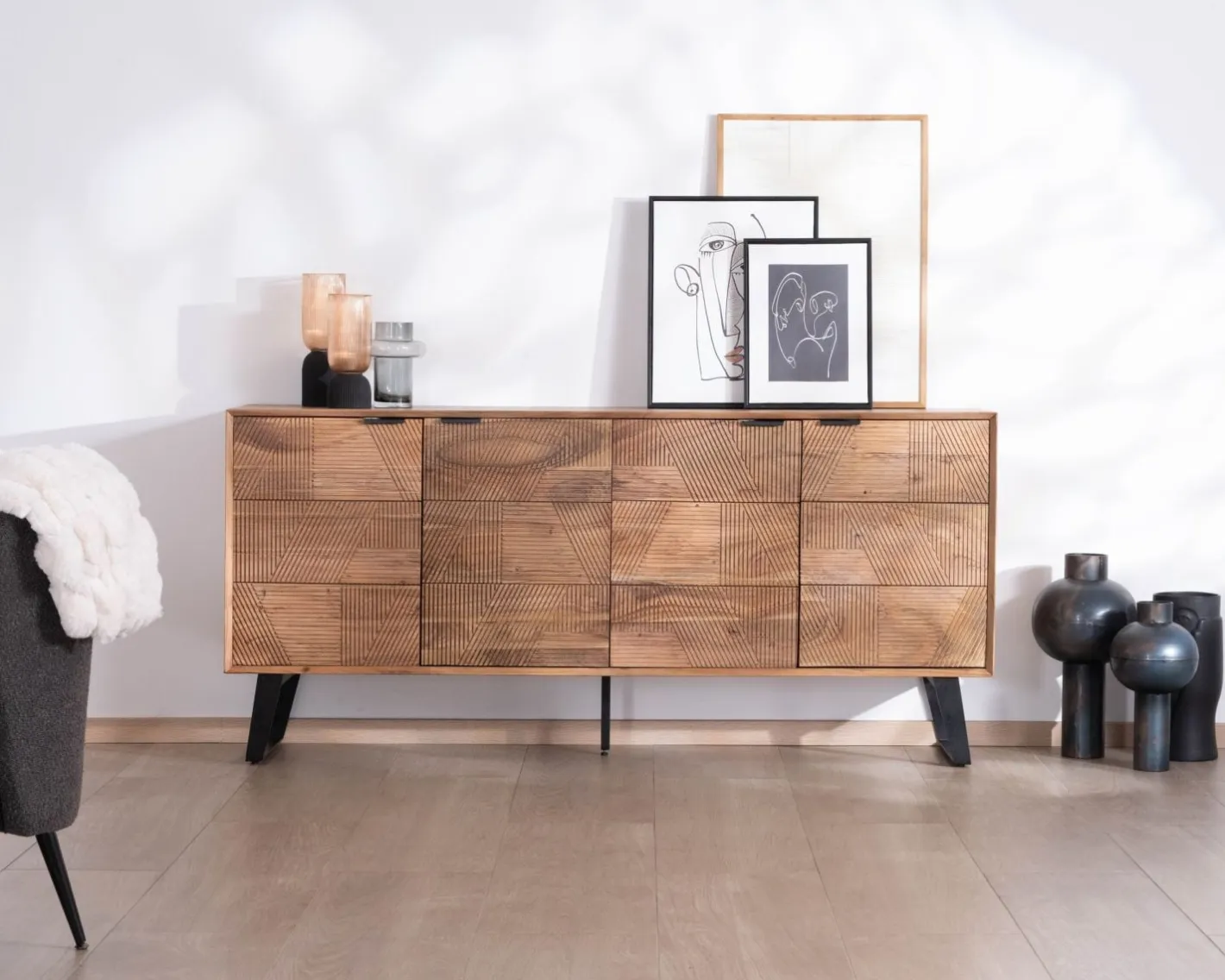 New Enfilade 4 portes en acacia "Uky" design contemporain esprit rétro Buffet Et Bahut