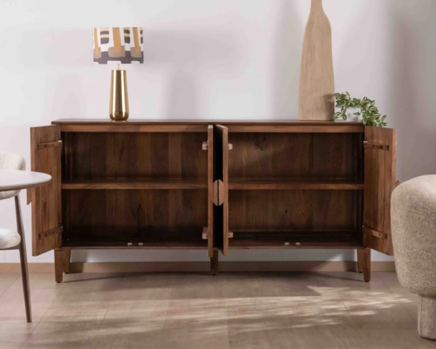 Hot Enfilade rétro 4 portes en manguier massif foncé 180 cm "Kaldo" style mid-century Buffet Et Bahut