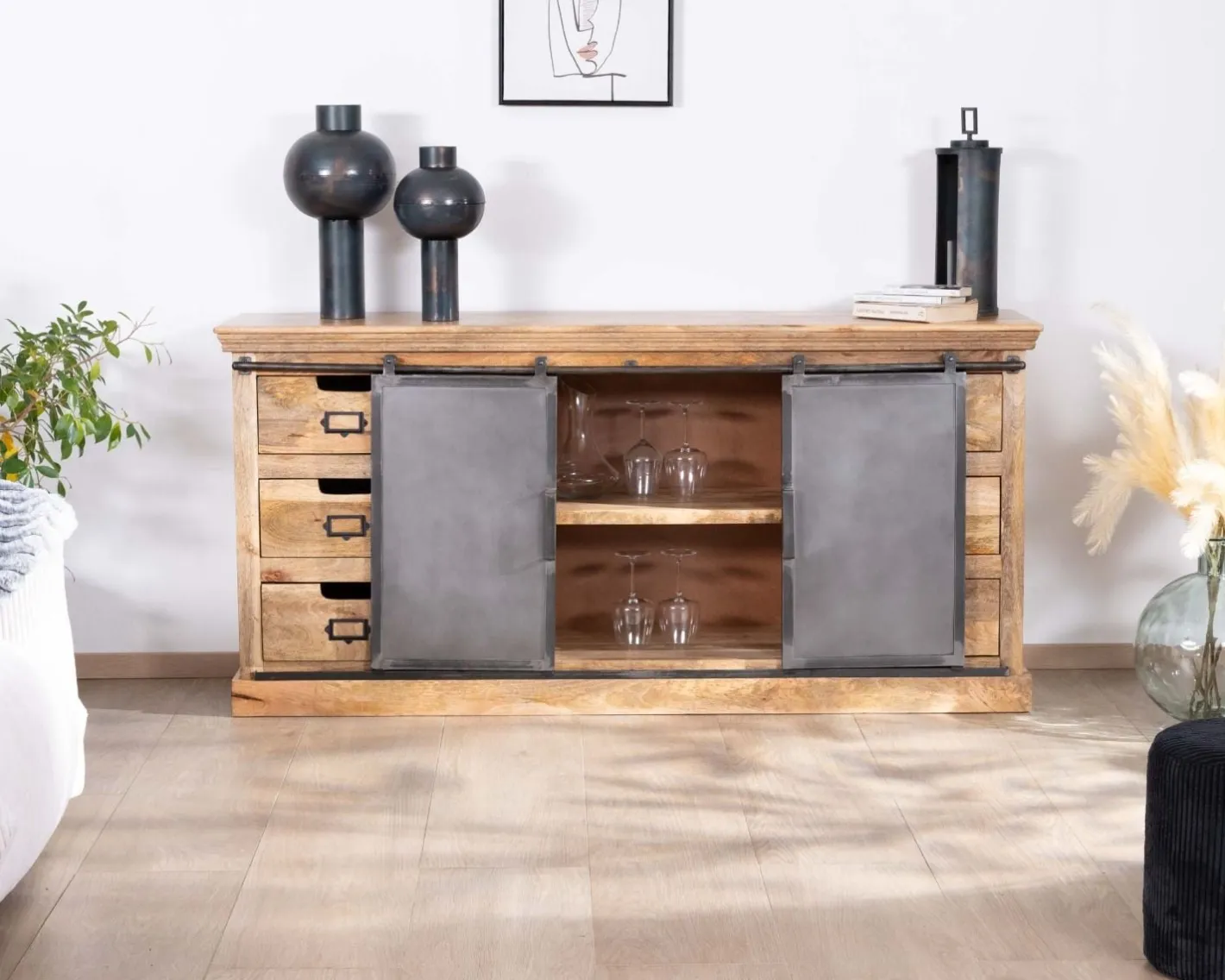 Hot Enfilade style factory en bois massif et métal "Haden" Buffet Et Bahut