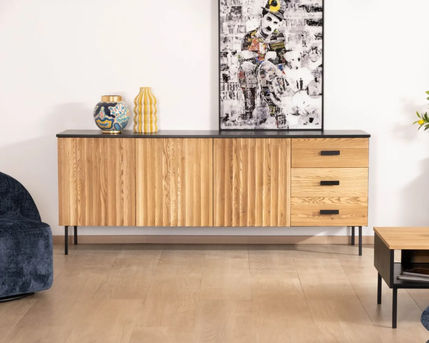 Enfilade style newtro en frêne massif "Sydney" avec rangements et tiroirs Buffet Et Bahut