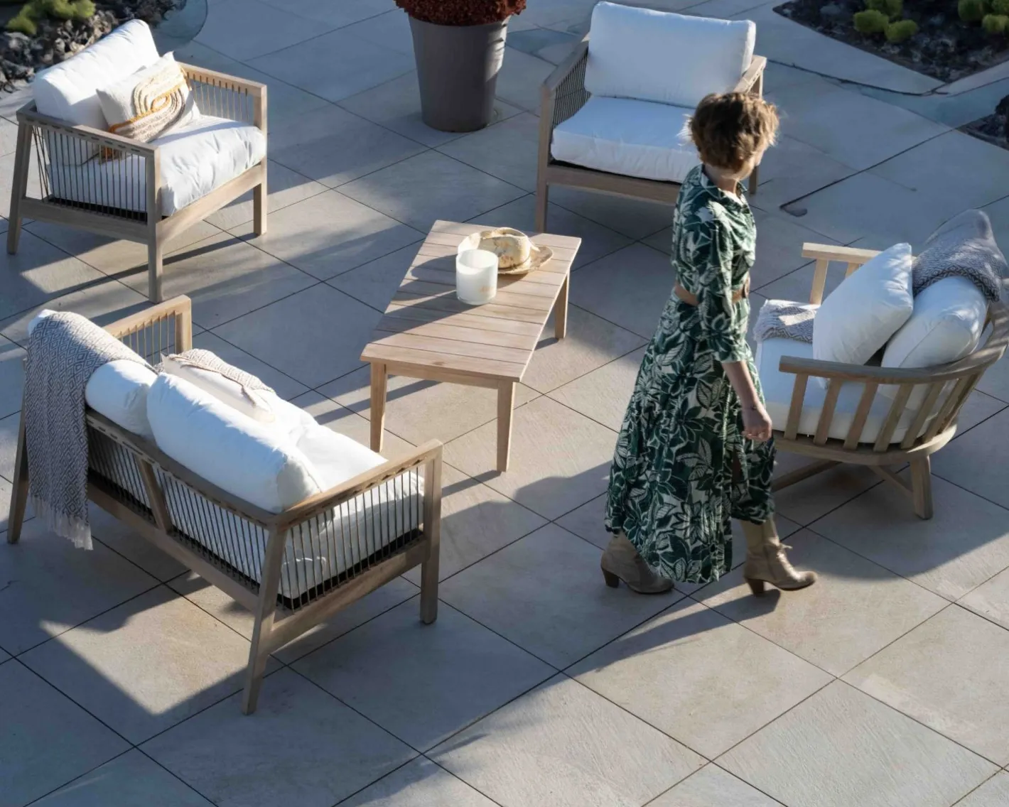 Clearance Ensemble canapé et fauteuils matelassés en teck et corde "Rafita" Canapé De Jardin|Salon De Jardin