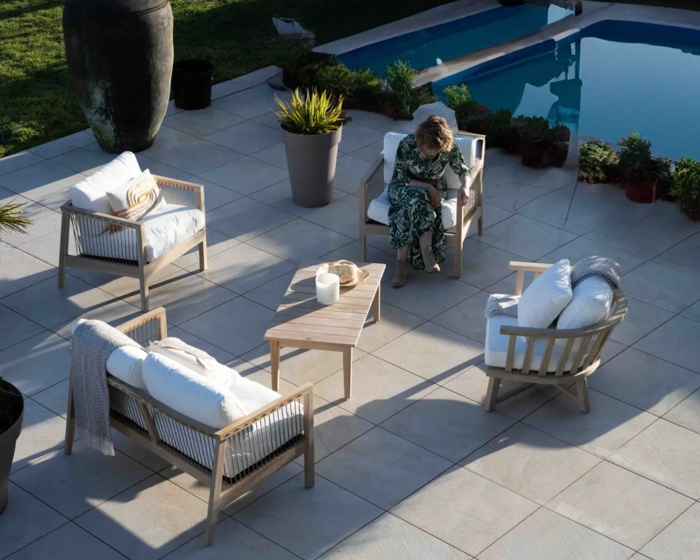 Clearance Ensemble canapé et fauteuils matelassés en teck et corde "Rafita" Canapé De Jardin|Salon De Jardin
