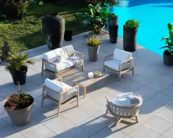 Clearance Ensemble canapé et fauteuils matelassés en teck et corde