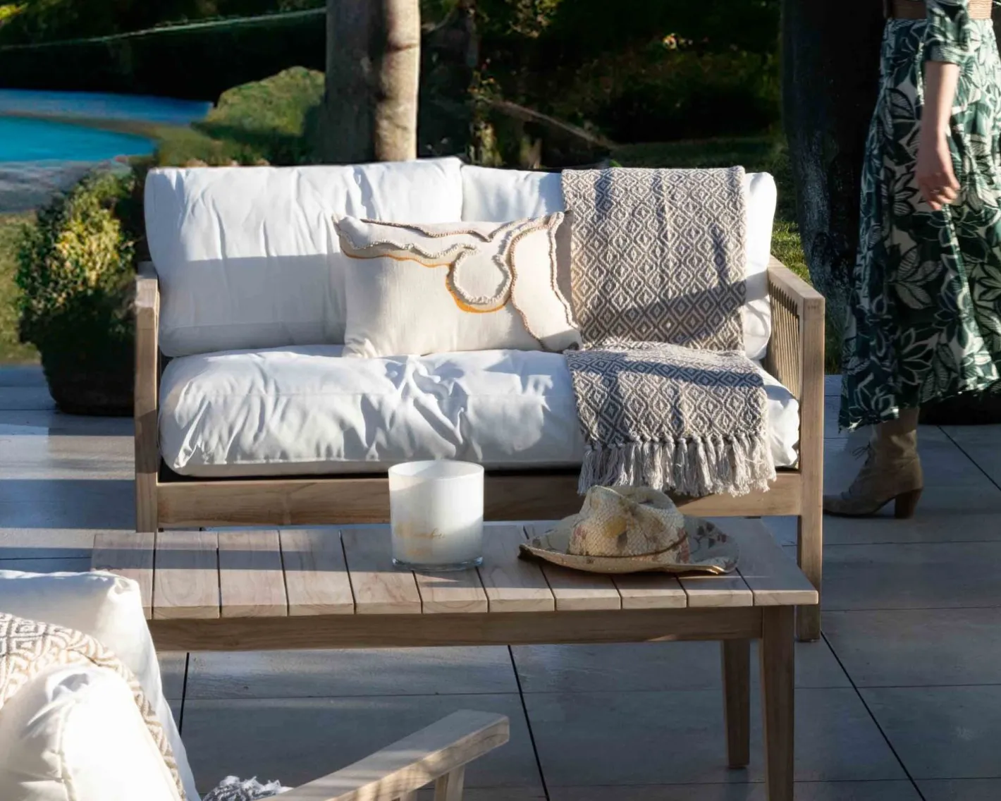 Clearance Ensemble canapé et fauteuils matelassés en teck et corde "Rafita" Canapé De Jardin|Salon De Jardin