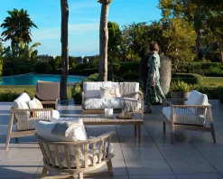Clearance Ensemble canapé et fauteuils matelassés en teck et corde