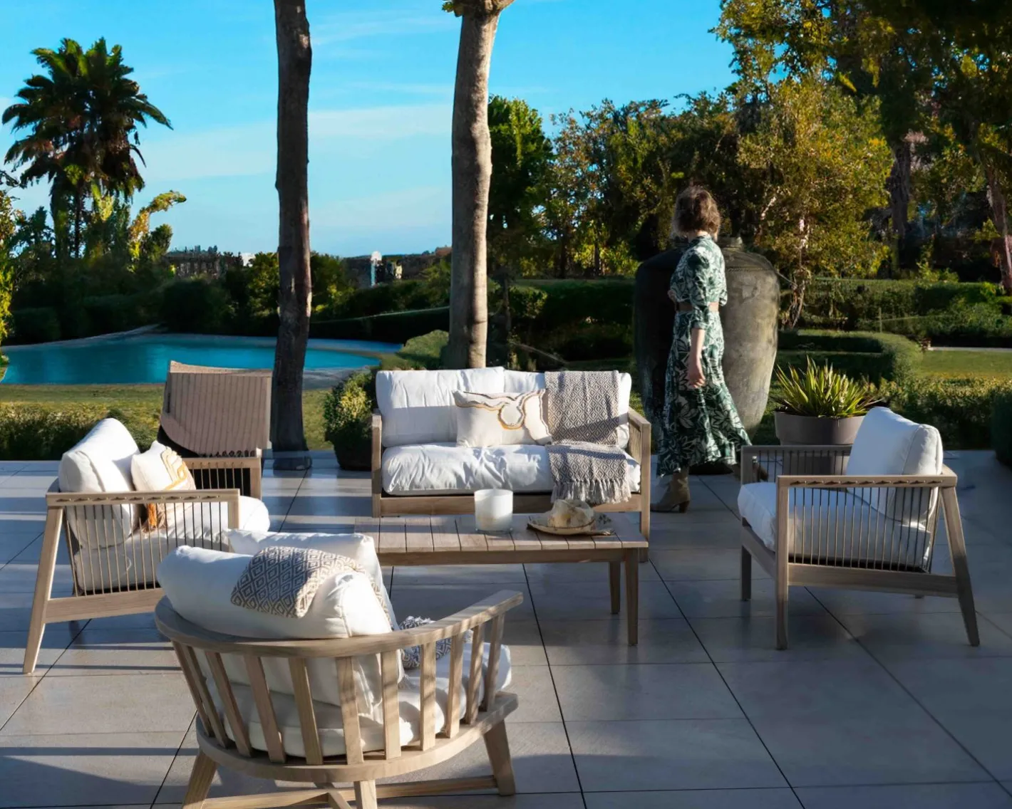 Clearance Ensemble canapé et fauteuils matelassés en teck et corde "Rafita" Canapé De Jardin|Salon De Jardin