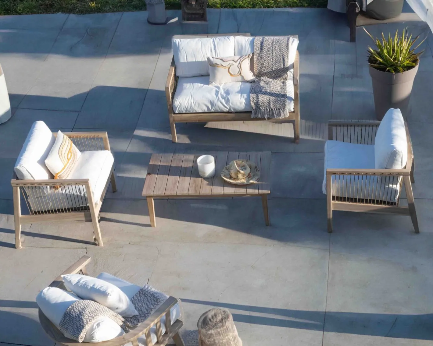 Clearance Ensemble canapé et fauteuils matelassés en teck et corde "Rafita" Canapé De Jardin|Salon De Jardin