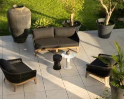 New Ensemble de jardin haut de gamme 3 pièces en teck et tissu gris foncé "Tuléo" Canapé De Jardin|Salon De Jardin