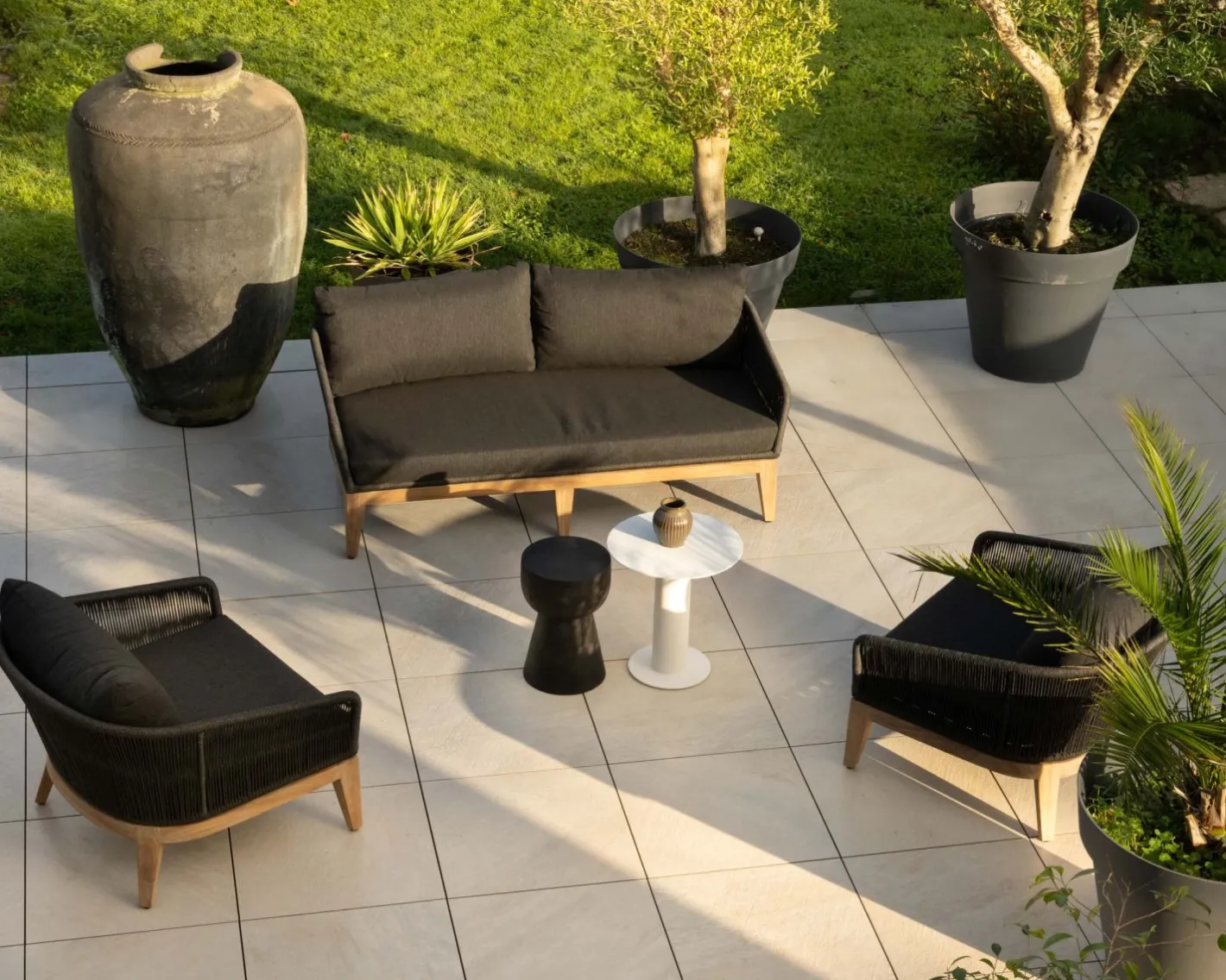 New Ensemble de jardin haut de gamme 3 pièces en teck et tissu gris foncé "Tuléo" Canapé De Jardin|Salon De Jardin