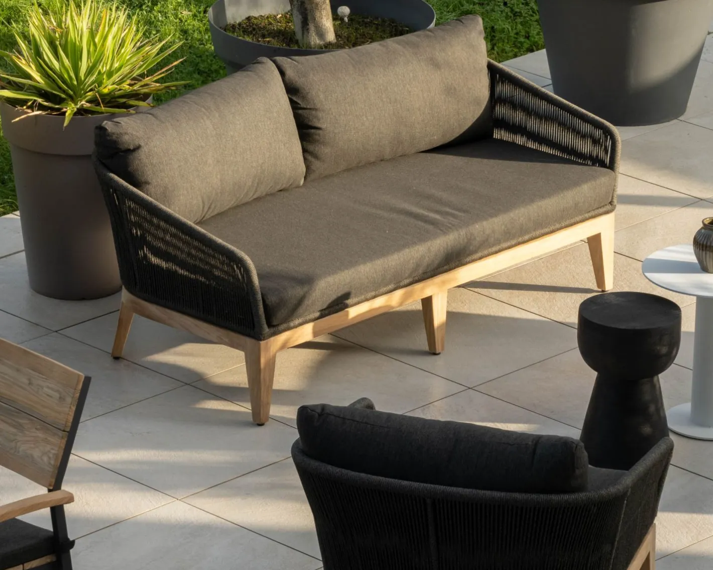 New Ensemble de jardin haut de gamme 3 pièces en teck et tissu gris foncé "Tuléo" Canapé De Jardin|Salon De Jardin
