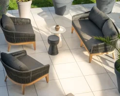 New Ensemble de jardin haut de gamme 3 pièces en teck et tissu gris foncé