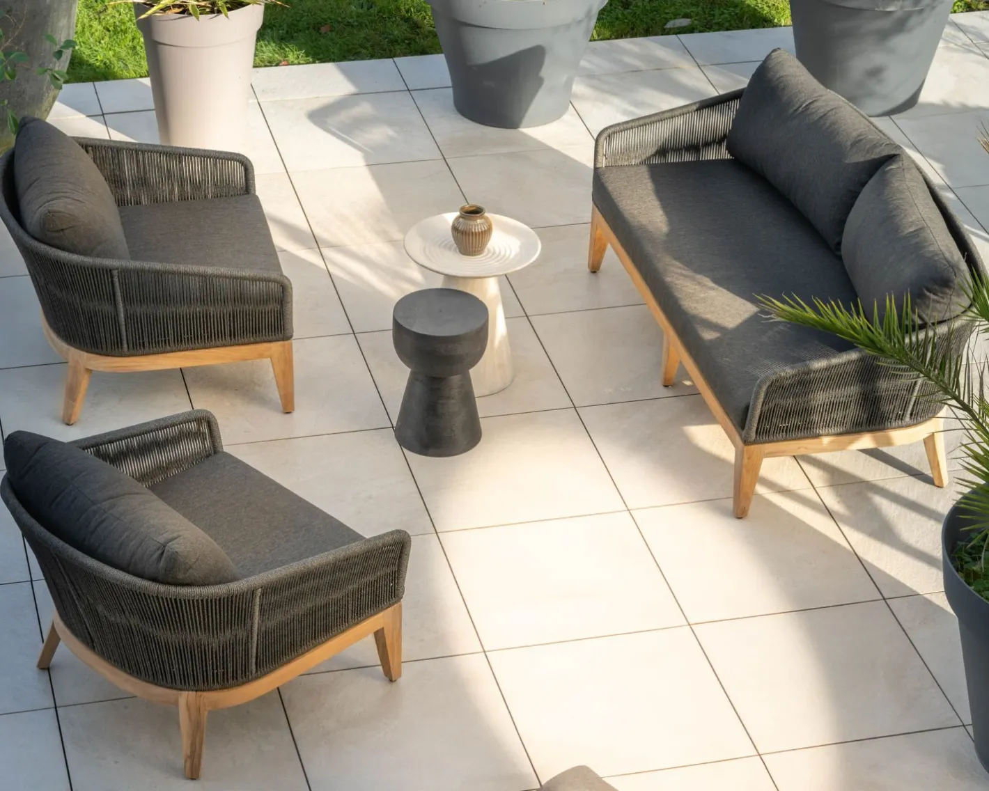 New Ensemble de jardin haut de gamme 3 pièces en teck et tissu gris foncé "Tuléo" Canapé De Jardin|Salon De Jardin
