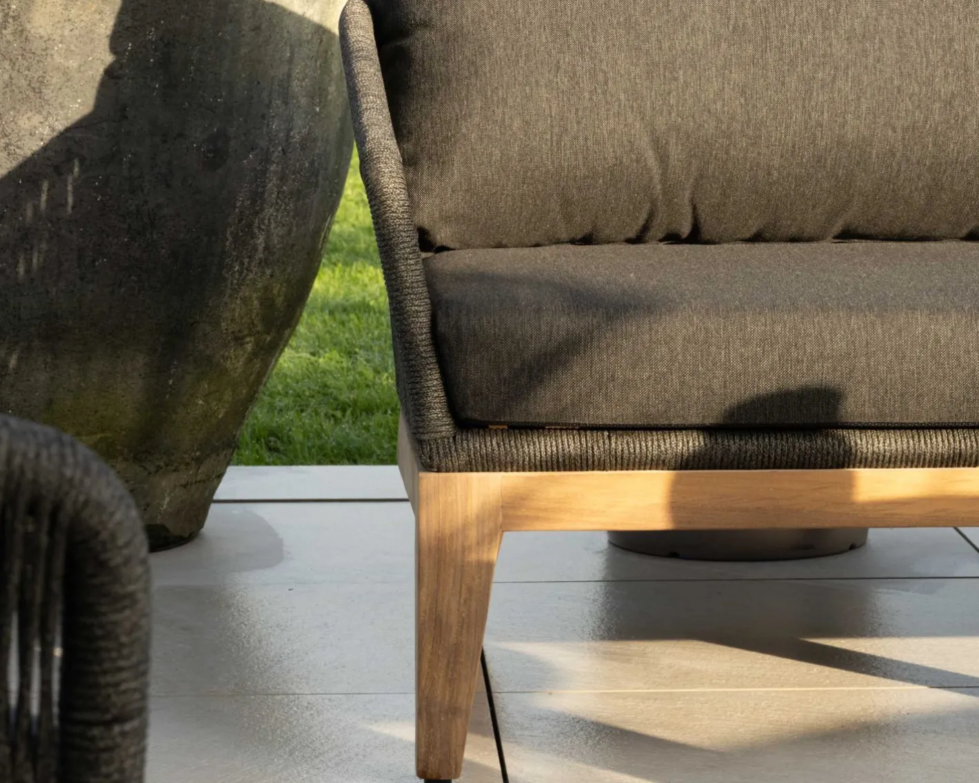 New Ensemble de jardin haut de gamme 3 pièces en teck et tissu gris foncé "Tuléo" Canapé De Jardin|Salon De Jardin