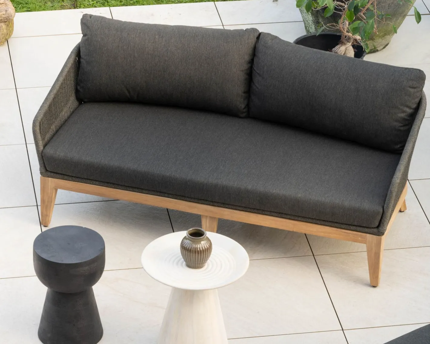 New Ensemble de jardin haut de gamme 3 pièces en teck et tissu gris foncé "Tuléo" Canapé De Jardin|Salon De Jardin