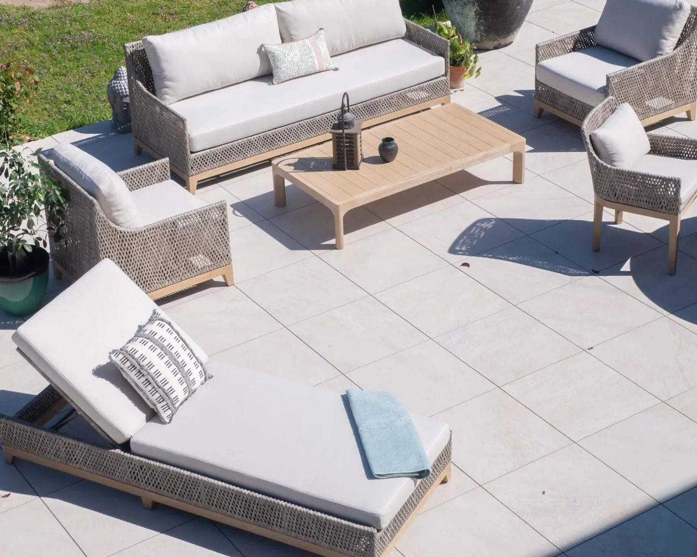 Discount Ensemble de jardin tressé en teck et tissu haut de gamme chiné "Porticcio" Canapé De Jardin|Salon De Jardin