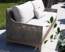 Discount Ensemble de jardin tressé en teck et tissu haut de gamme chiné "Porticcio" Canapé De Jardin|Salon De Jardin