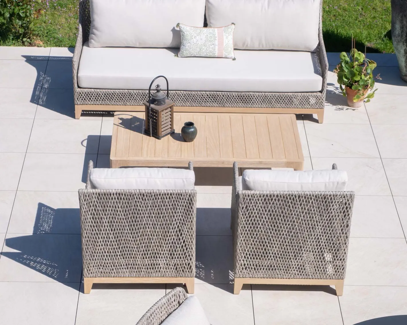 Discount Ensemble de jardin tressé en teck et tissu haut de gamme chiné "Porticcio" Canapé De Jardin|Salon De Jardin