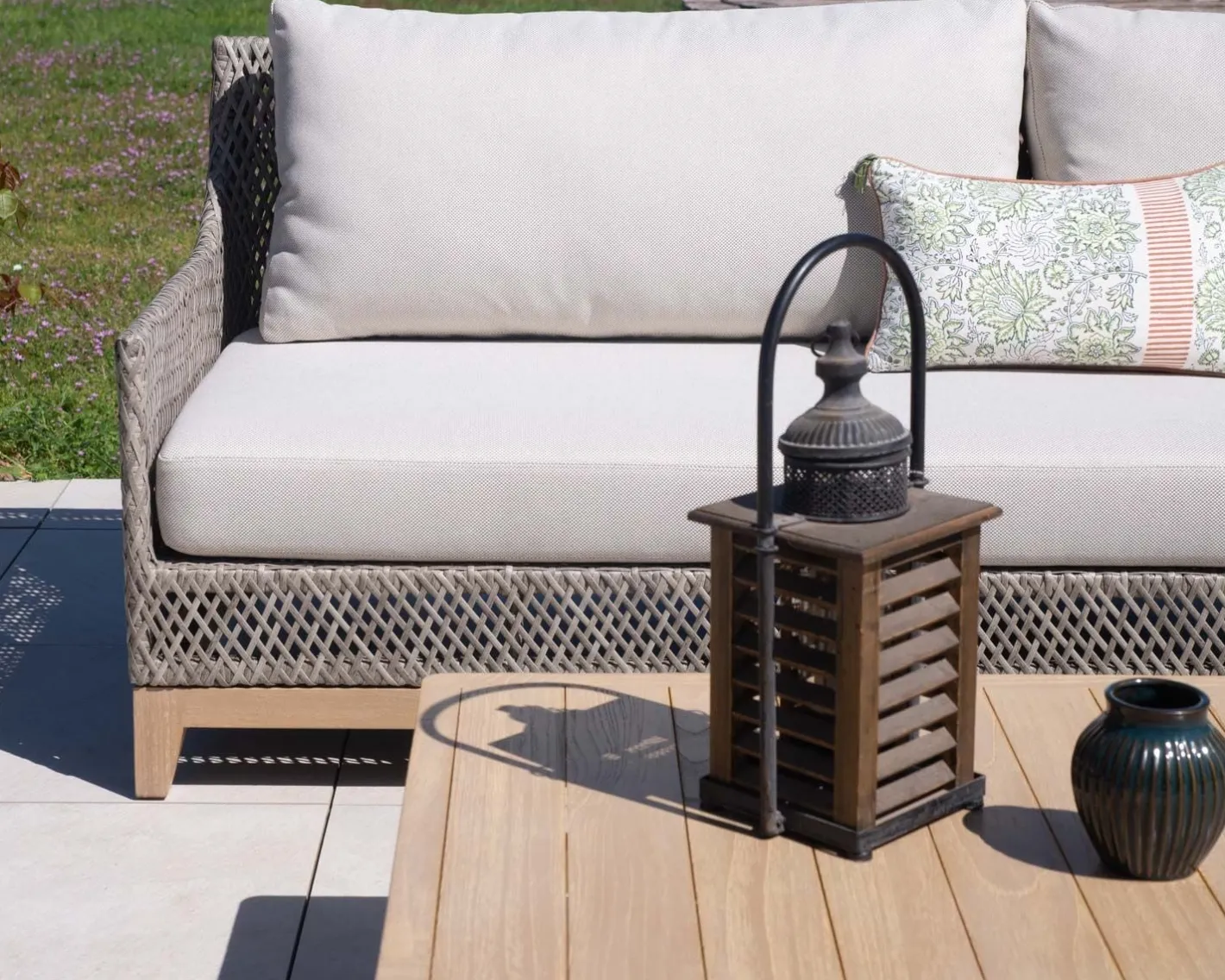 Discount Ensemble de jardin tressé en teck et tissu haut de gamme chiné "Porticcio" Canapé De Jardin|Salon De Jardin