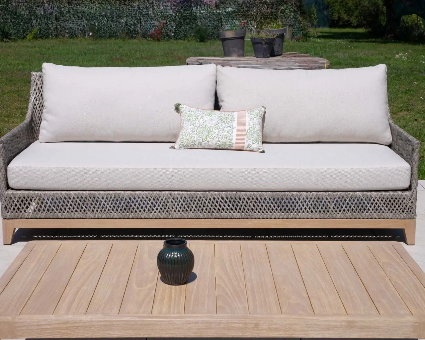 Discount Ensemble de jardin tressé en teck et tissu haut de gamme chiné "Porticcio" Canapé De Jardin|Salon De Jardin