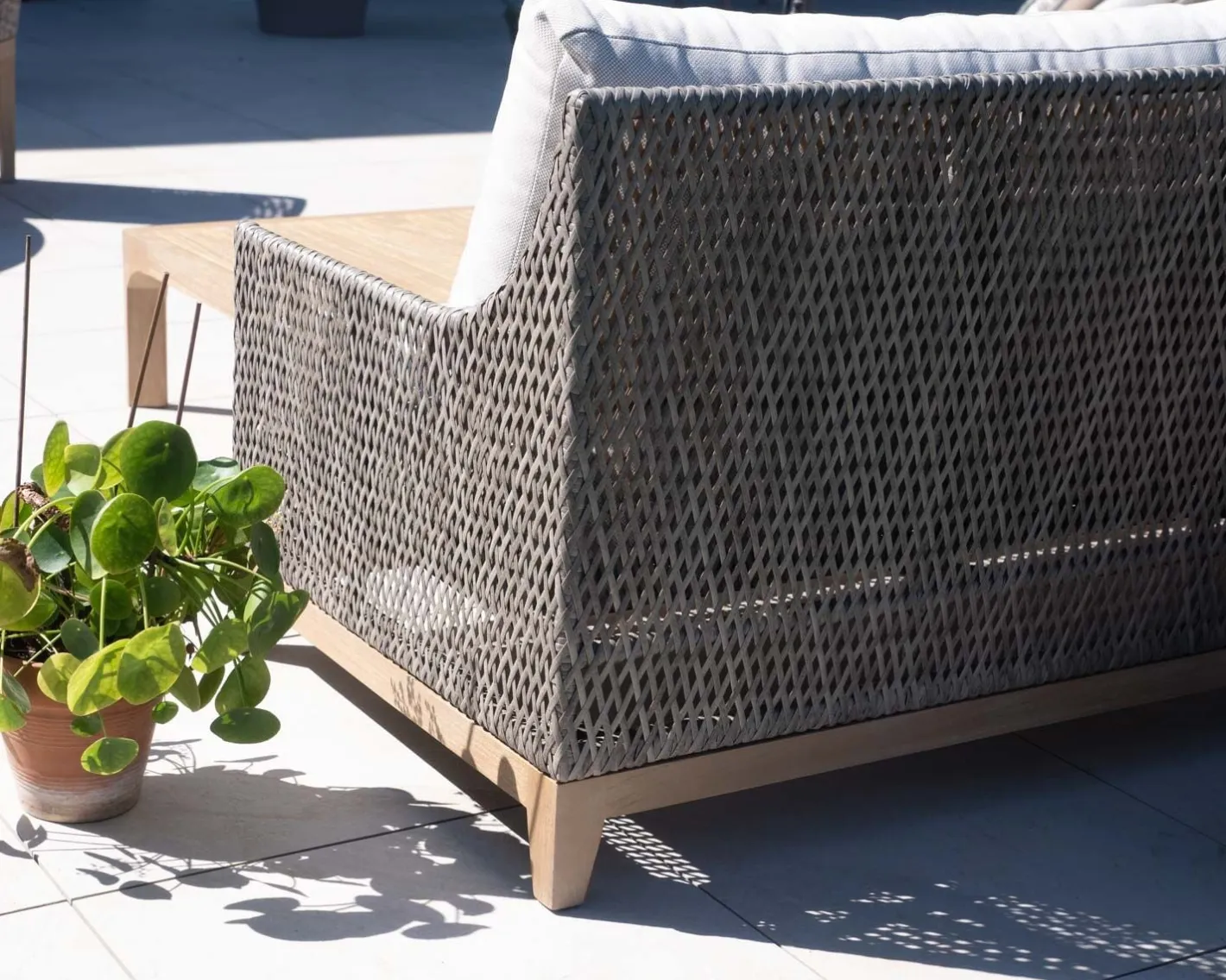 Discount Ensemble de jardin tressé en teck et tissu haut de gamme chiné "Porticcio" Canapé De Jardin|Salon De Jardin