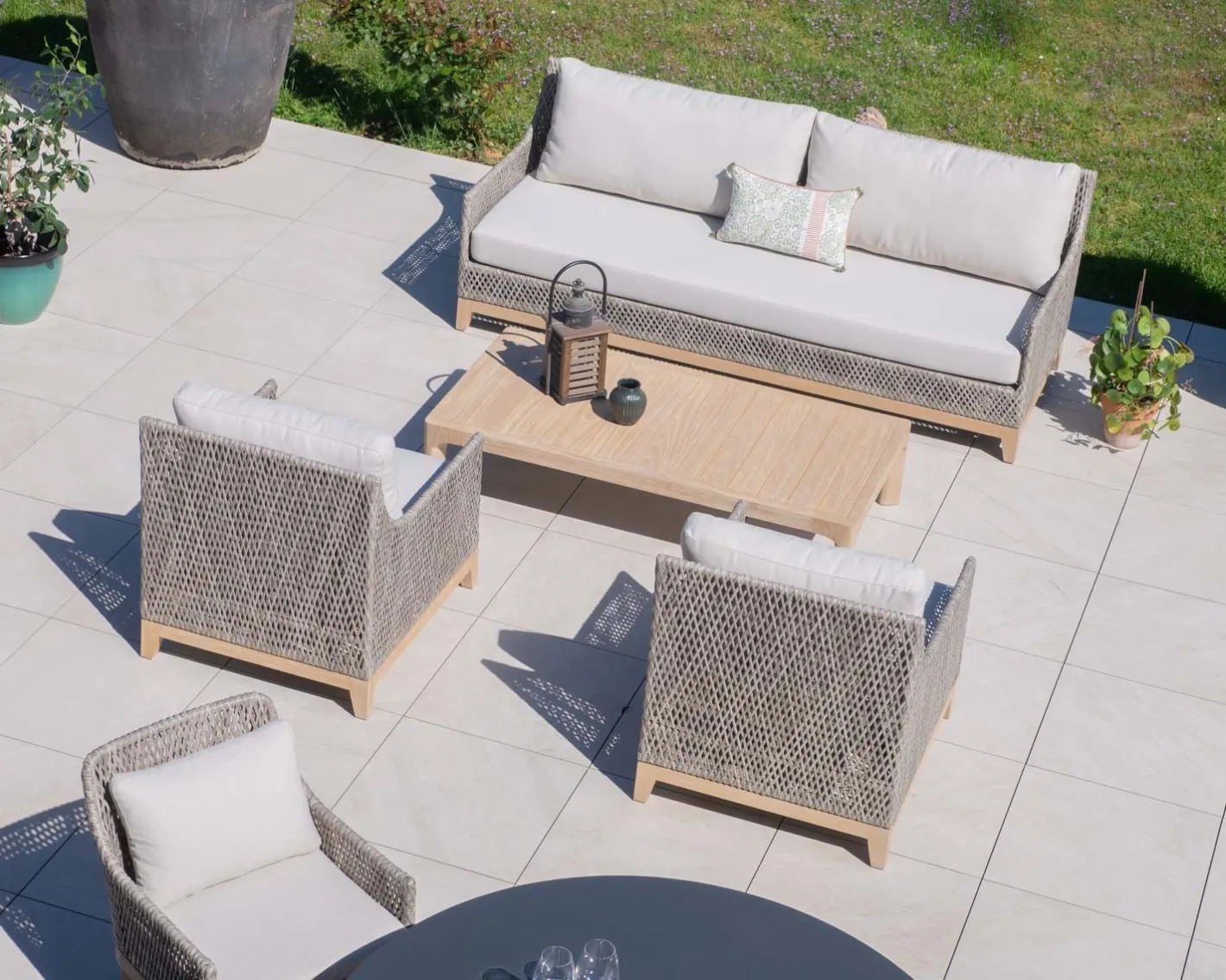 Discount Ensemble de jardin tressé en teck et tissu haut de gamme chiné "Porticcio" Canapé De Jardin|Salon De Jardin