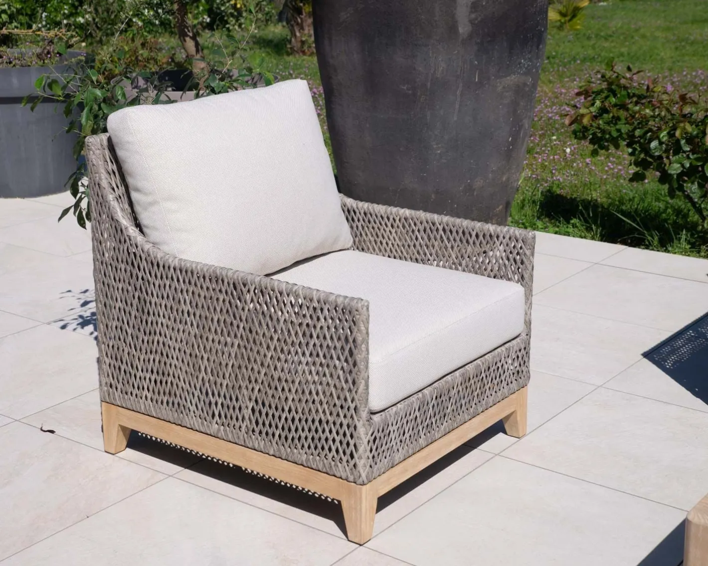 Discount Ensemble de jardin tressé en teck et tissu haut de gamme chiné "Porticcio" Canapé De Jardin|Salon De Jardin