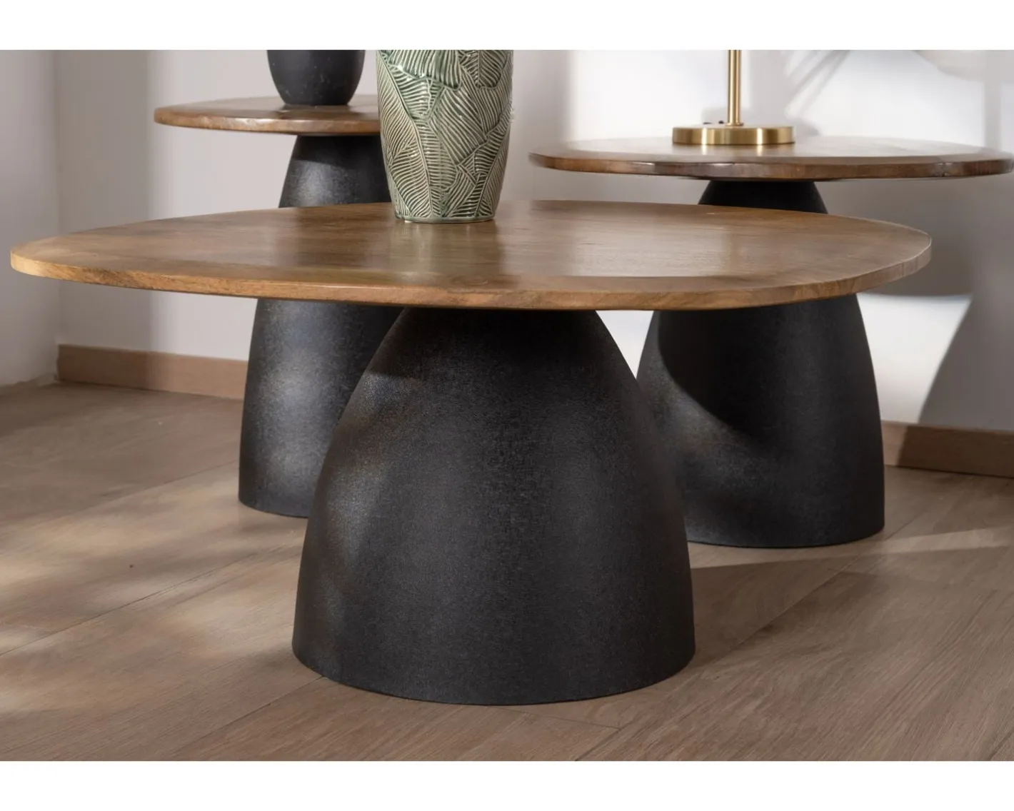 Best Ensemble de 3 tables basses en bois et métal formes galets naturels "Daun" Table D'Appoint