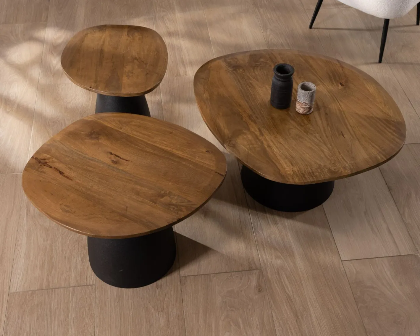 Best Ensemble de 3 tables basses en bois et métal formes galets naturels "Daun" Table D'Appoint