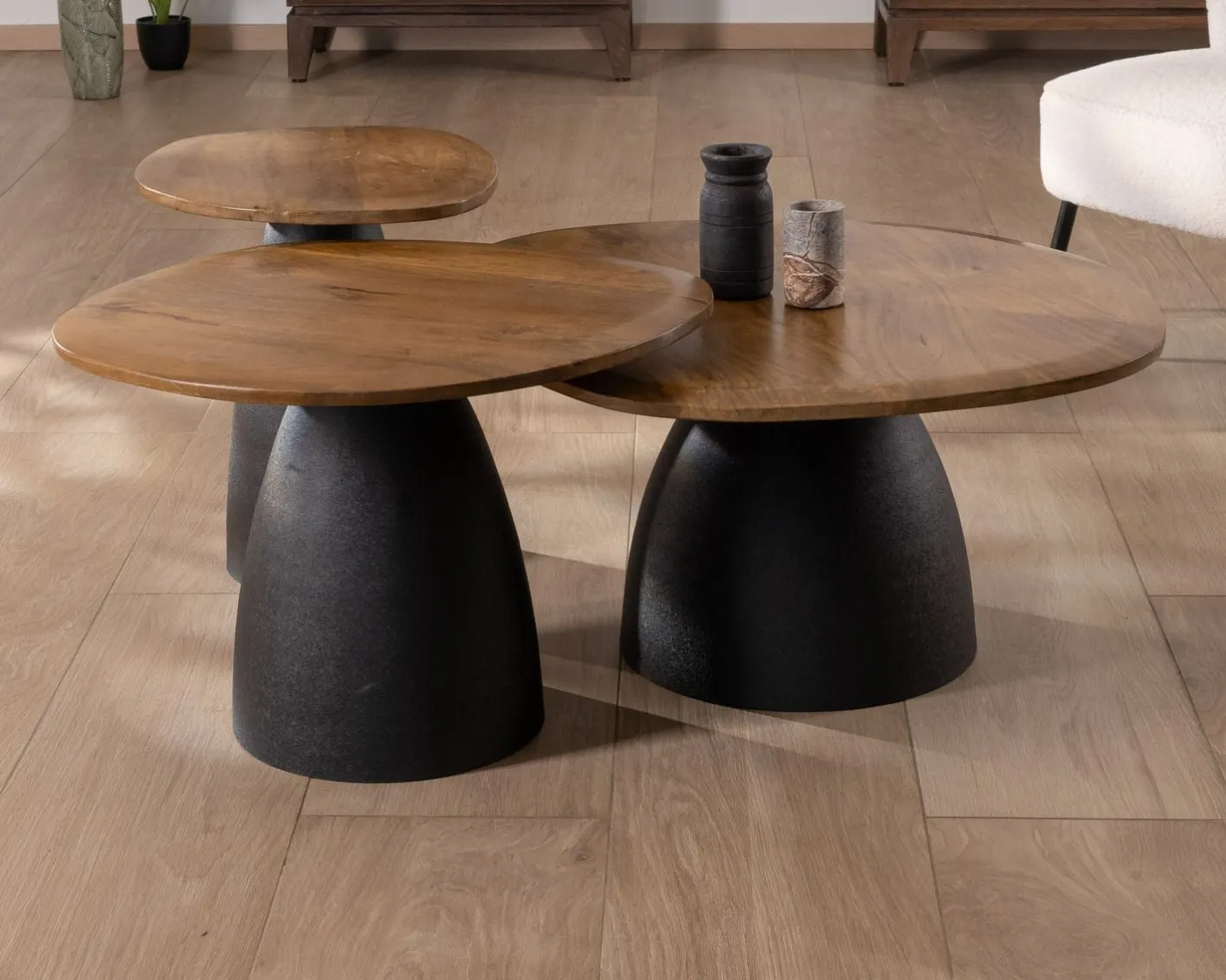 Best Ensemble de 3 tables basses en bois et métal formes galets naturels "Daun" Table D'Appoint