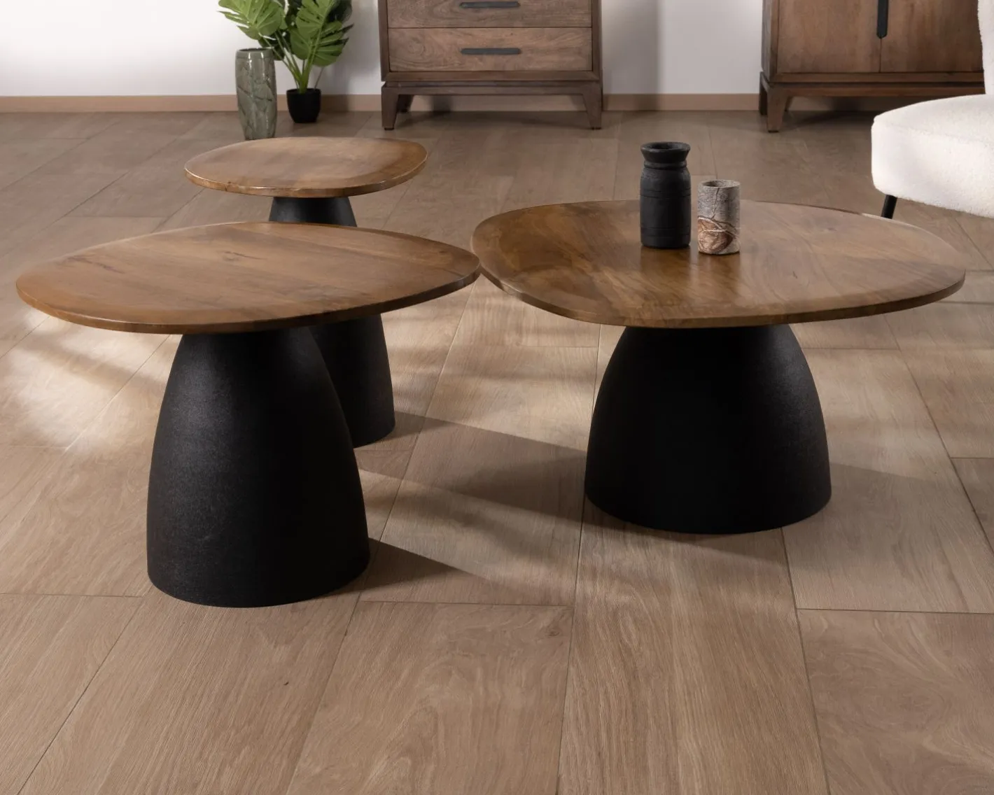 Best Ensemble de 3 tables basses en bois et métal formes galets naturels "Daun" Table D'Appoint