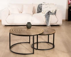 Clearance Ensemble de 2 tables basses rondes gigognes noires plateau bois 