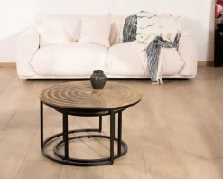 Clearance Ensemble de 2 tables basses rondes gigognes noires plateau bois 