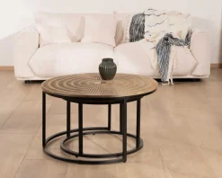Clearance Ensemble de 2 tables basses rondes gigognes noires plateau bois 