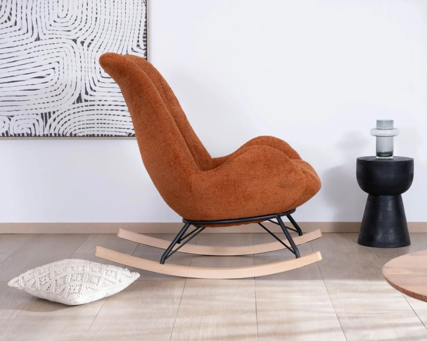 Outlet Fauteuil à bascule contemporain en tissu bouclette terracotta "Calista" Fauteuil