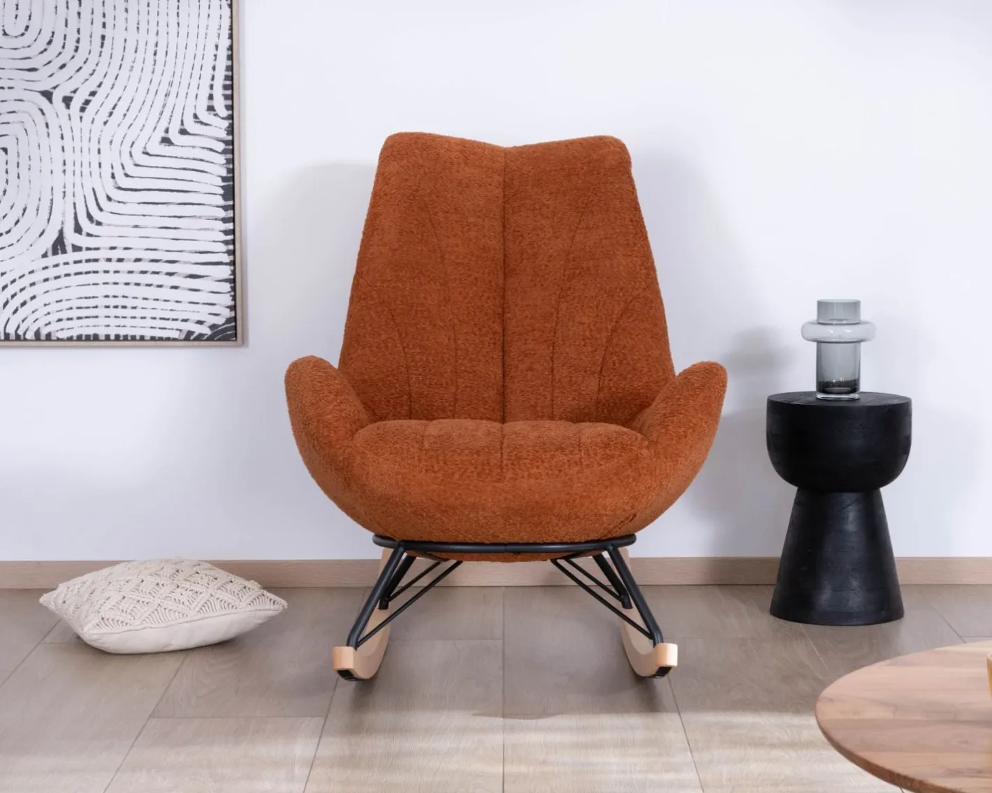 Outlet Fauteuil à bascule contemporain en tissu bouclette terracotta "Calista" Fauteuil