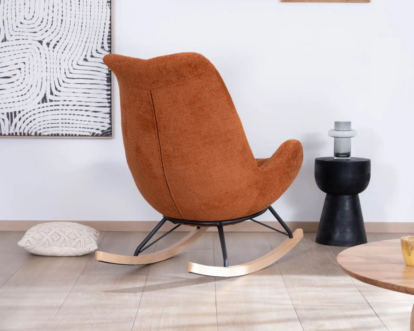 Outlet Fauteuil à bascule contemporain en tissu bouclette terracotta "Calista" Fauteuil