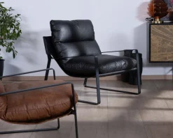 Discount Fauteuil club revisité tissu anthracite et métal noir 