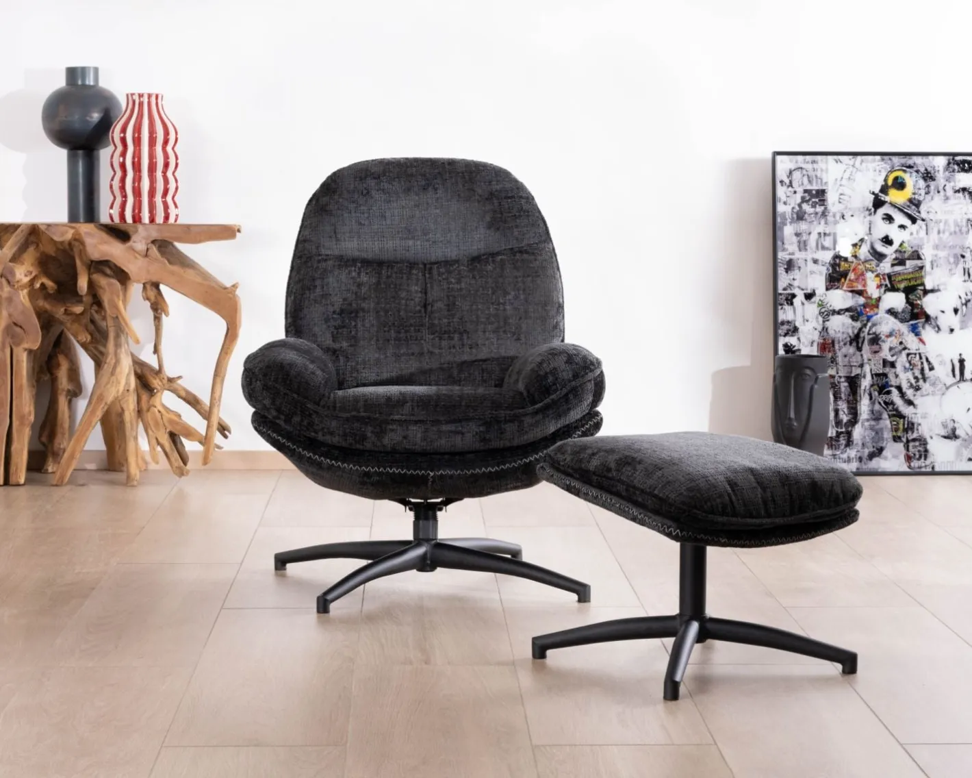 Online Fauteuil cosy rotatif design rétro en tissu gris "Branson" avec pouf Fauteuil