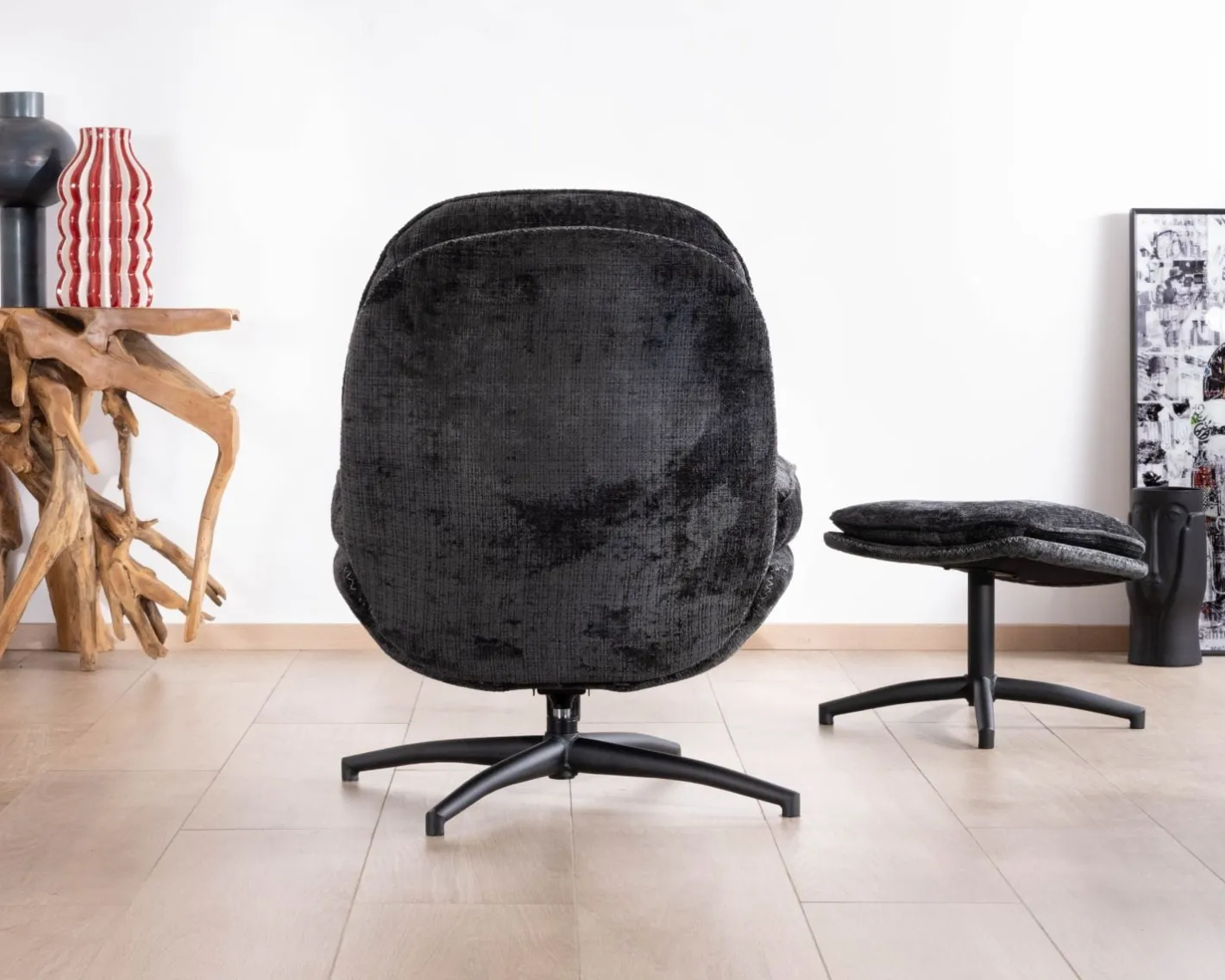 Online Fauteuil cosy rotatif design rétro en tissu gris "Branson" avec pouf Fauteuil