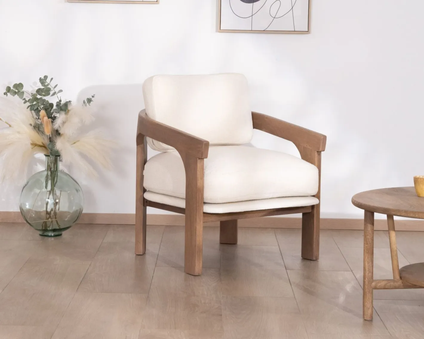 New Fauteuil d'appoint design scandinave en tissu bouclette écru "Archéa" Fauteuil