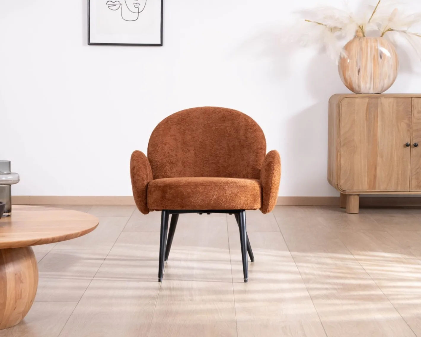 Outlet Fauteuil d'appoint esprit rétro avec accoudoirs en tissu cuivré duveteux "Luno" Fauteuil