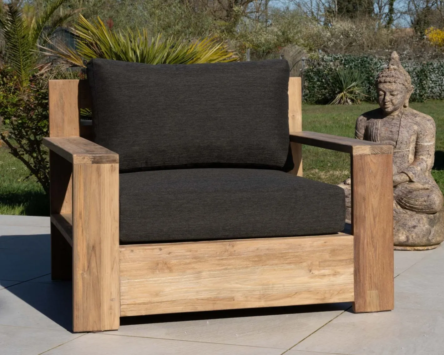 Sale Fauteuil de jardin haut de gamme "Zénith" en teck matelassé tissu gris foncé Salon De Jardin|Fauteuil De Jardin