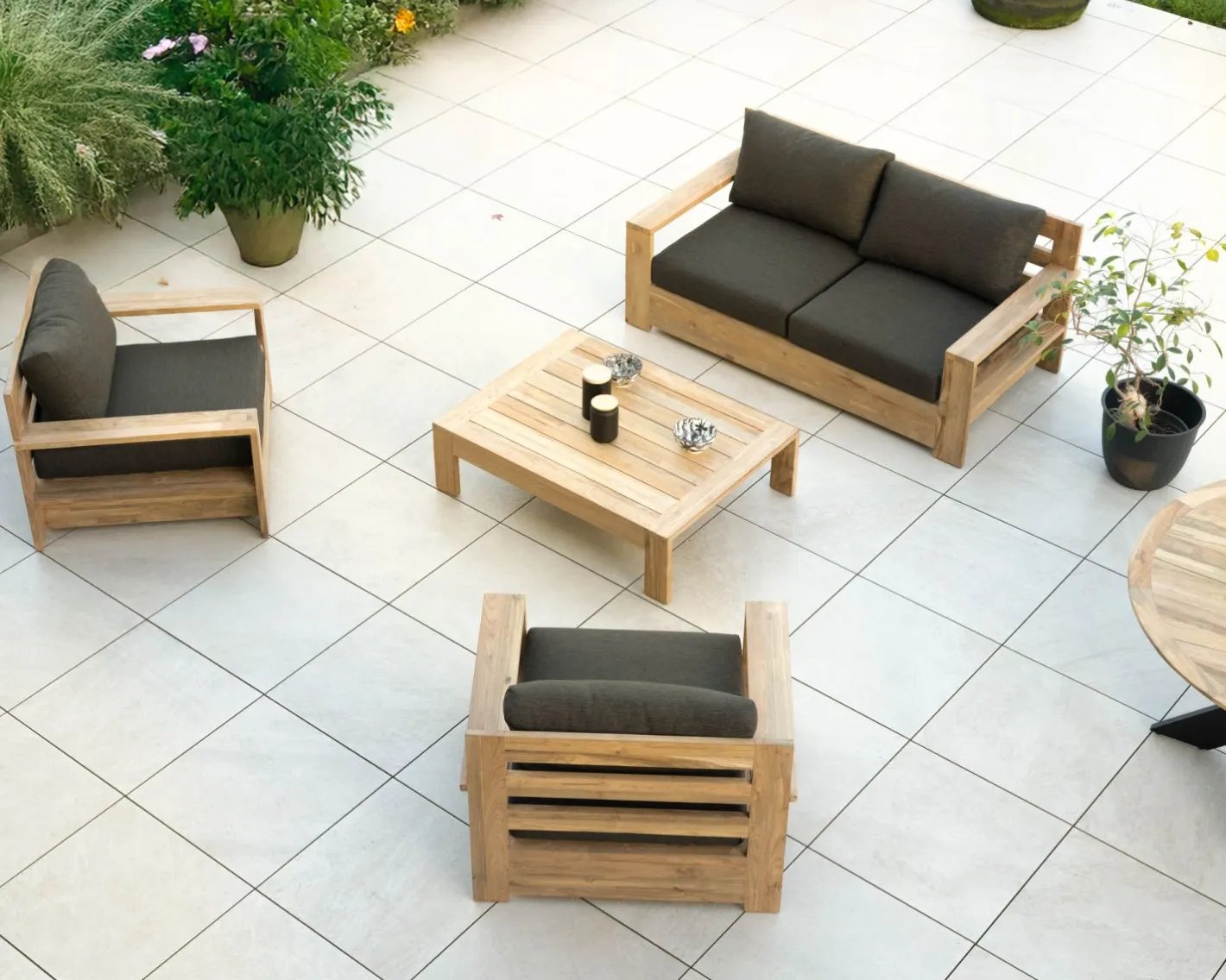 Sale Fauteuil de jardin haut de gamme "Zénith" en teck matelassé tissu gris foncé Salon De Jardin|Fauteuil De Jardin