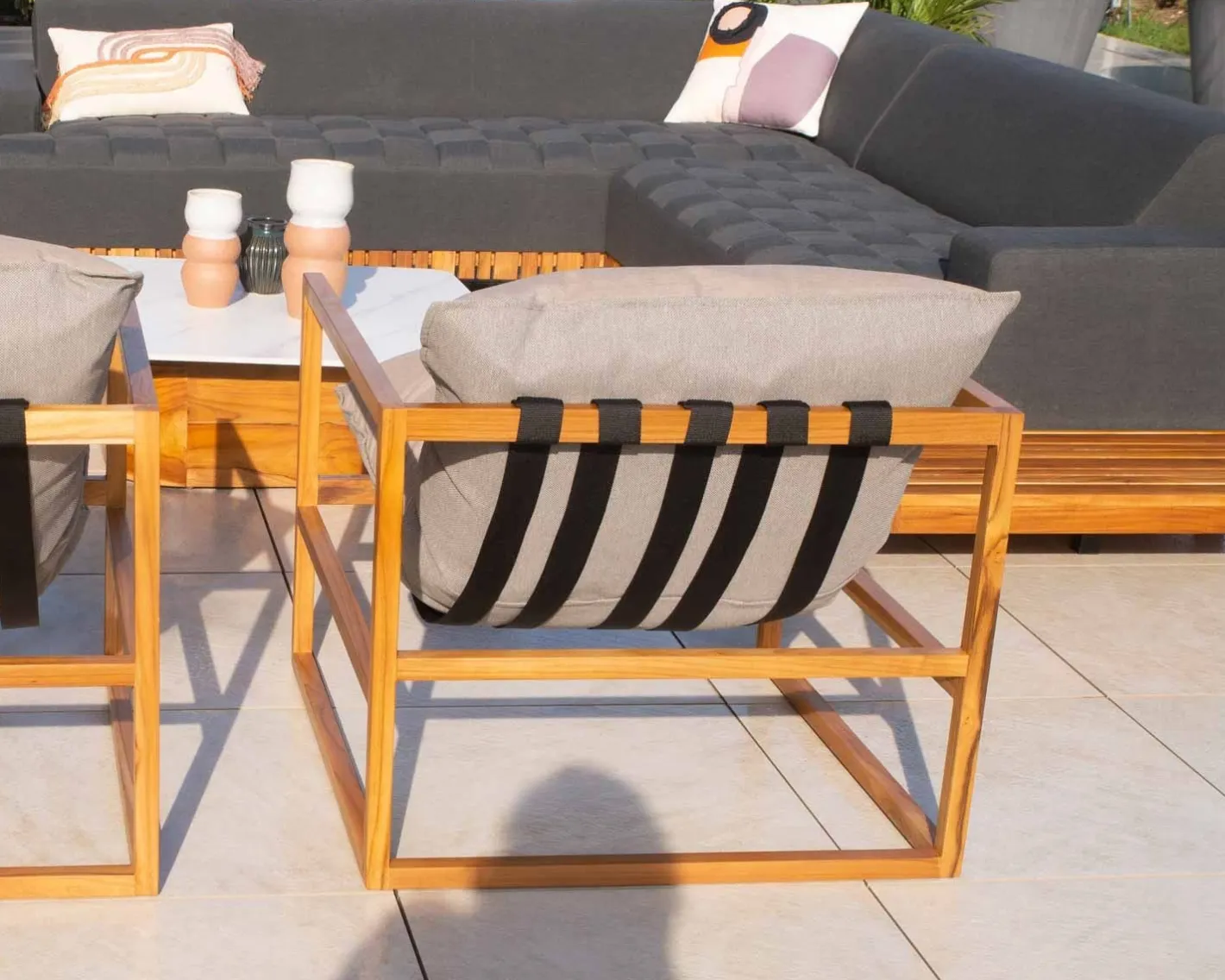 Clearance Fauteuil de jardin relax teck et tissu Sunbrella Taupe "Maluku Island" Fauteuil De Jardin