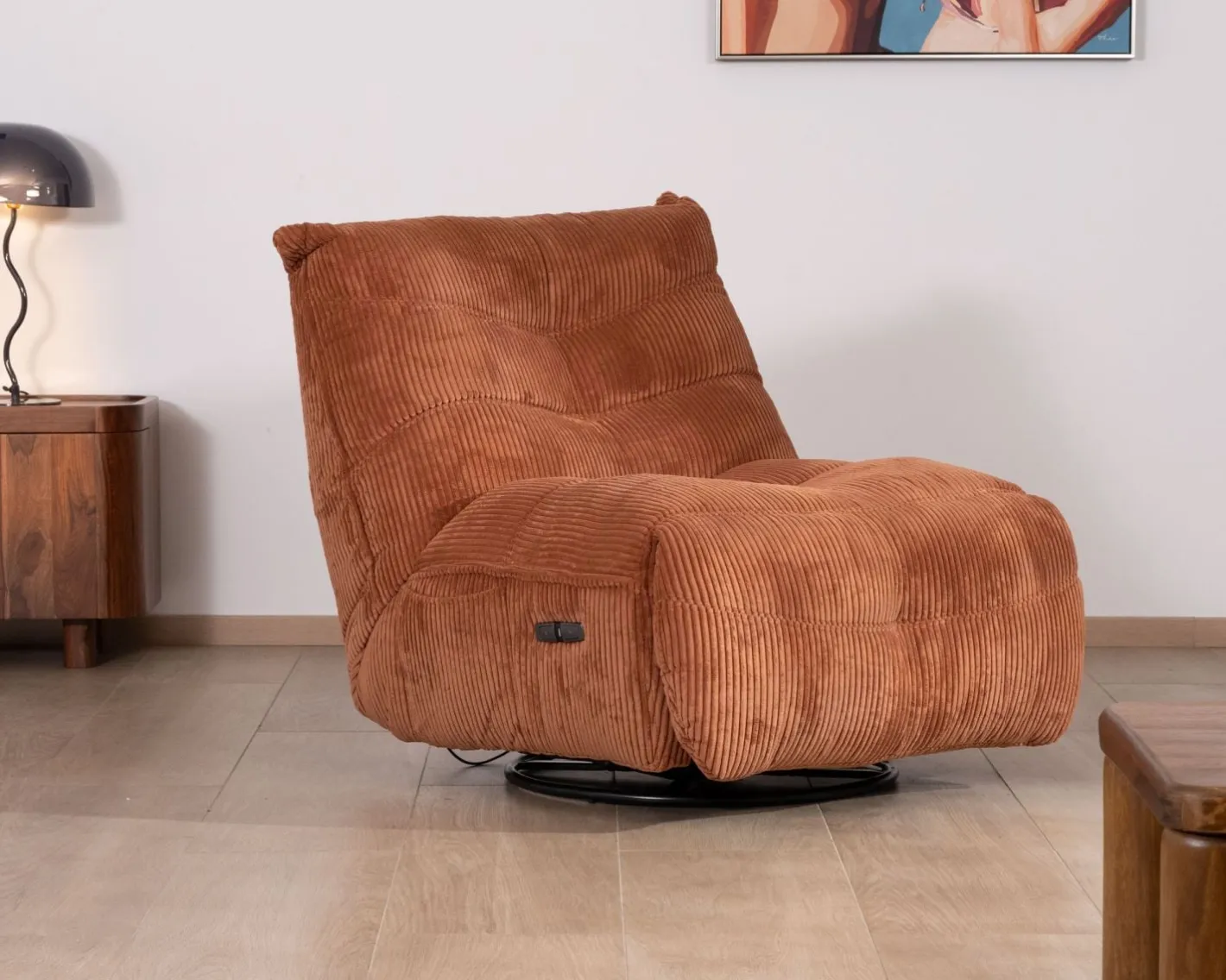 Outlet Fauteuil enveloppant en velours côtelé terracotta "Cascada" rotatif avec repose-pieds relevable Fauteuil