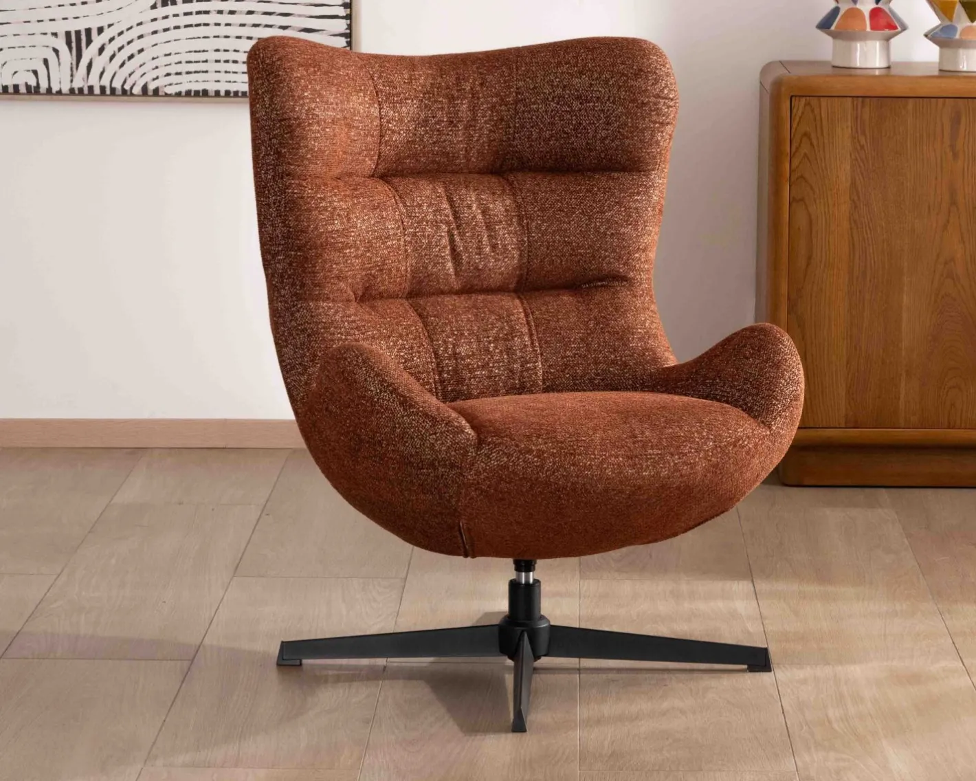 Hot Fauteuil enveloppant et pivotant esprit cocooning et rétro "Calista" en tissu bouclette terracotta Fauteuil